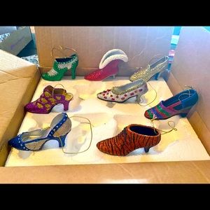 Ornaments or decor, holiday shoes, glittery, fanciful. Eight total. NWOT.